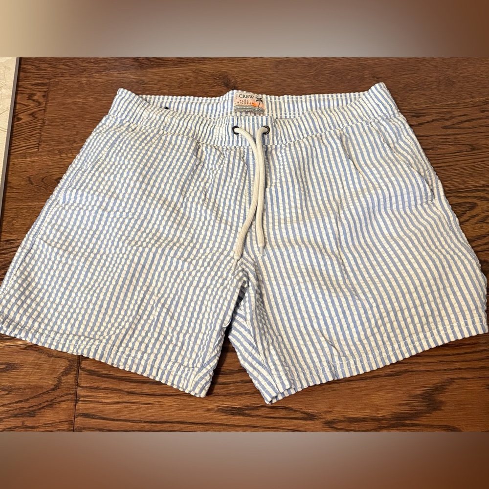 J. Crew Striped Seersucker Drawstring Swim Shorts - Blue & White